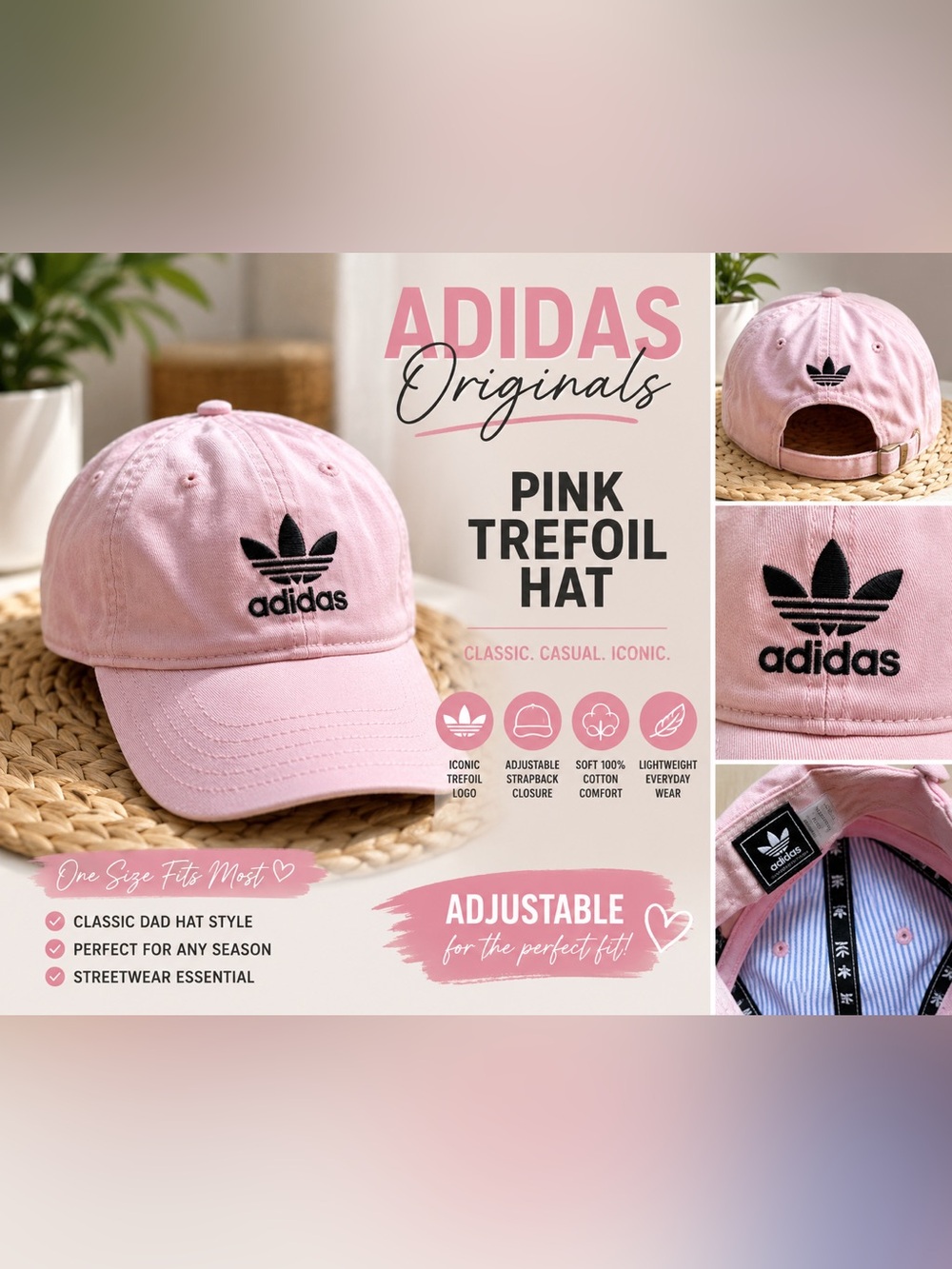 Adidas Originals Pink Trefoil Strapback Hat Cap Adjustable One Size Women’s